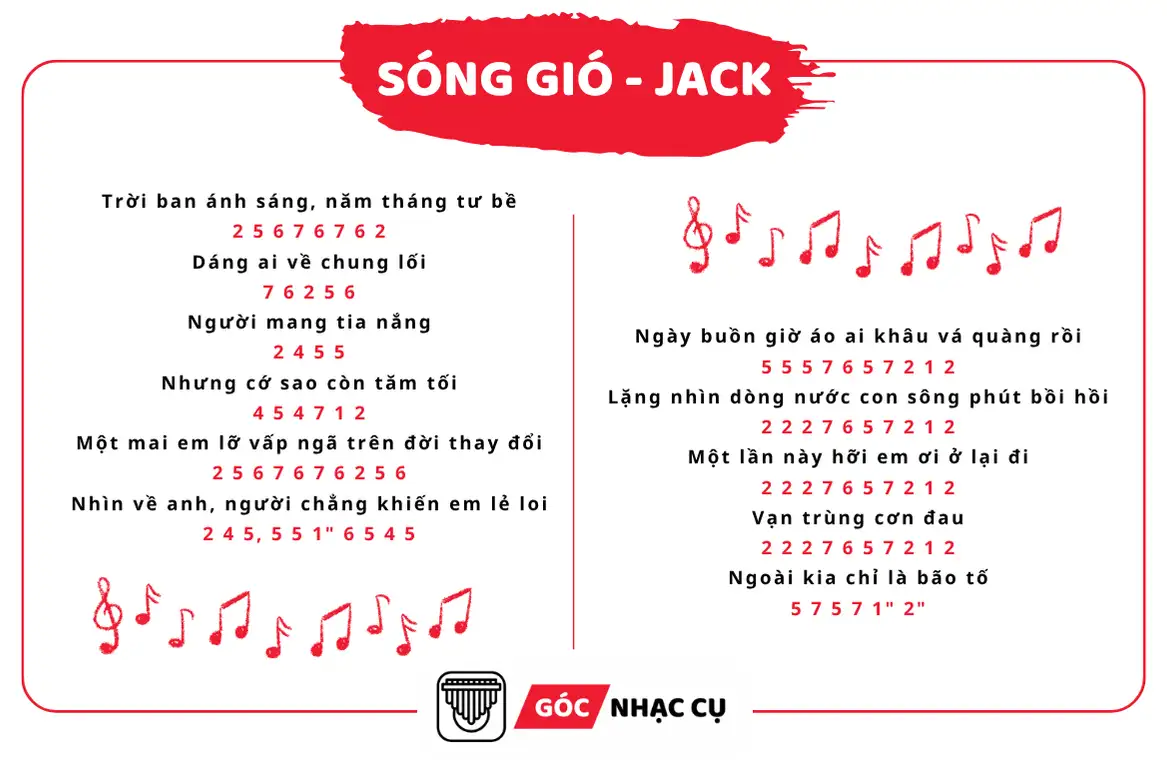 Bản nhạc Kalimba đơn giản tab Kalimba Sóng Gió - Jack